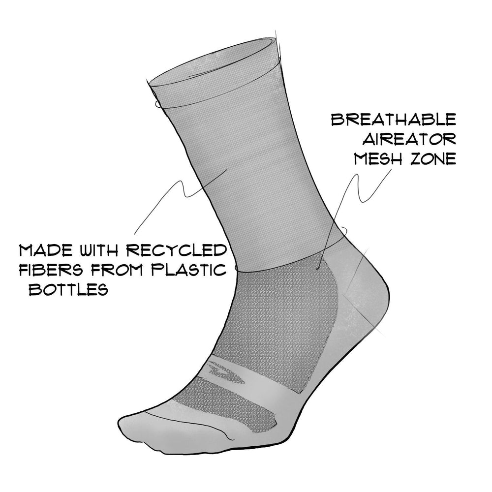 technical drawing of features of the Aireator cycling sock, identifying breathable mesh on the foot and fibers made from recycled plastic bottles
