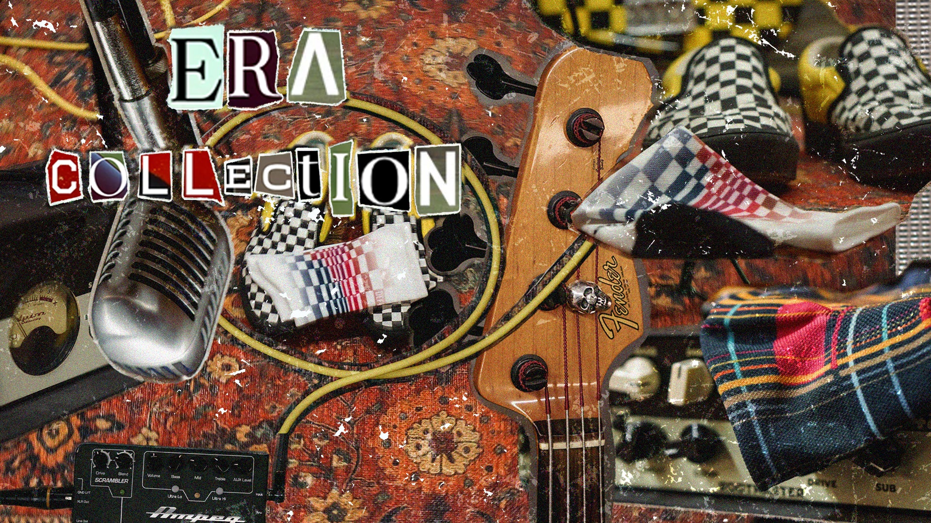 DeFeet Era Collection with guitar, microphone, and checkered flags on a textured background