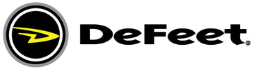 black text logo of DeFeet with yellow stylistic D inside round black icon 
