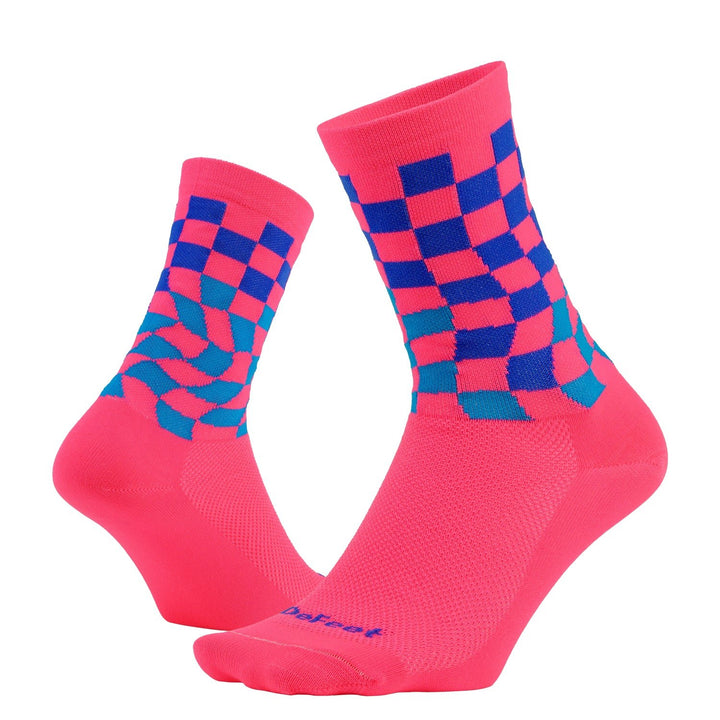 two pink cycling socks with a cuff pattern of a waving checkered flag in shades of blue 