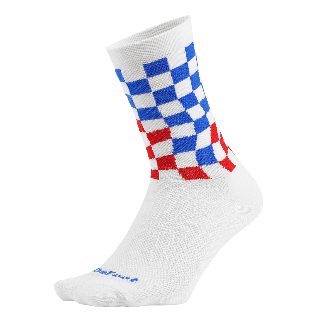  White crew sock with checkered flag design in blue and red