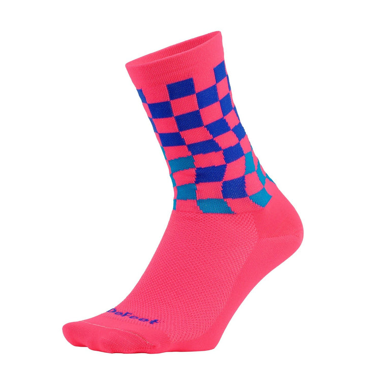 a pink cycling sock with a cuff pattern of a waving checkered flag in shades of blue 