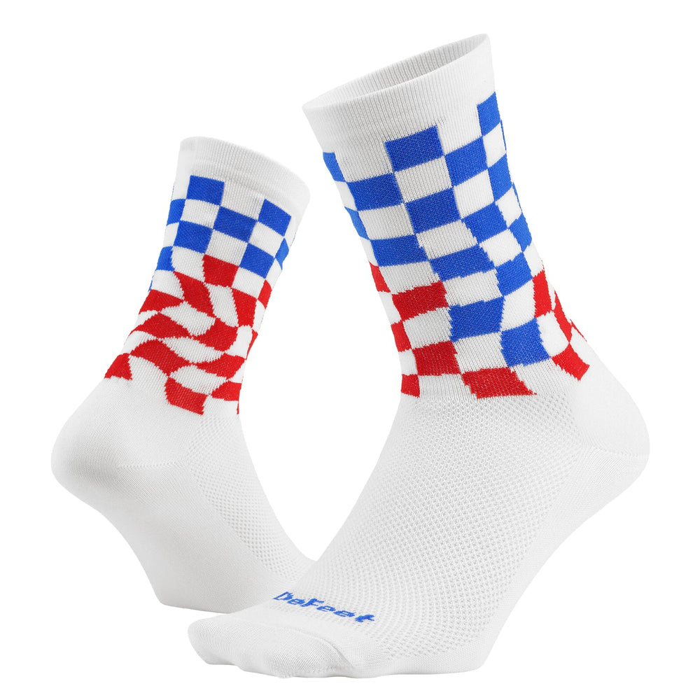 two white crew athletic socks with blue and red checkered flag pattern