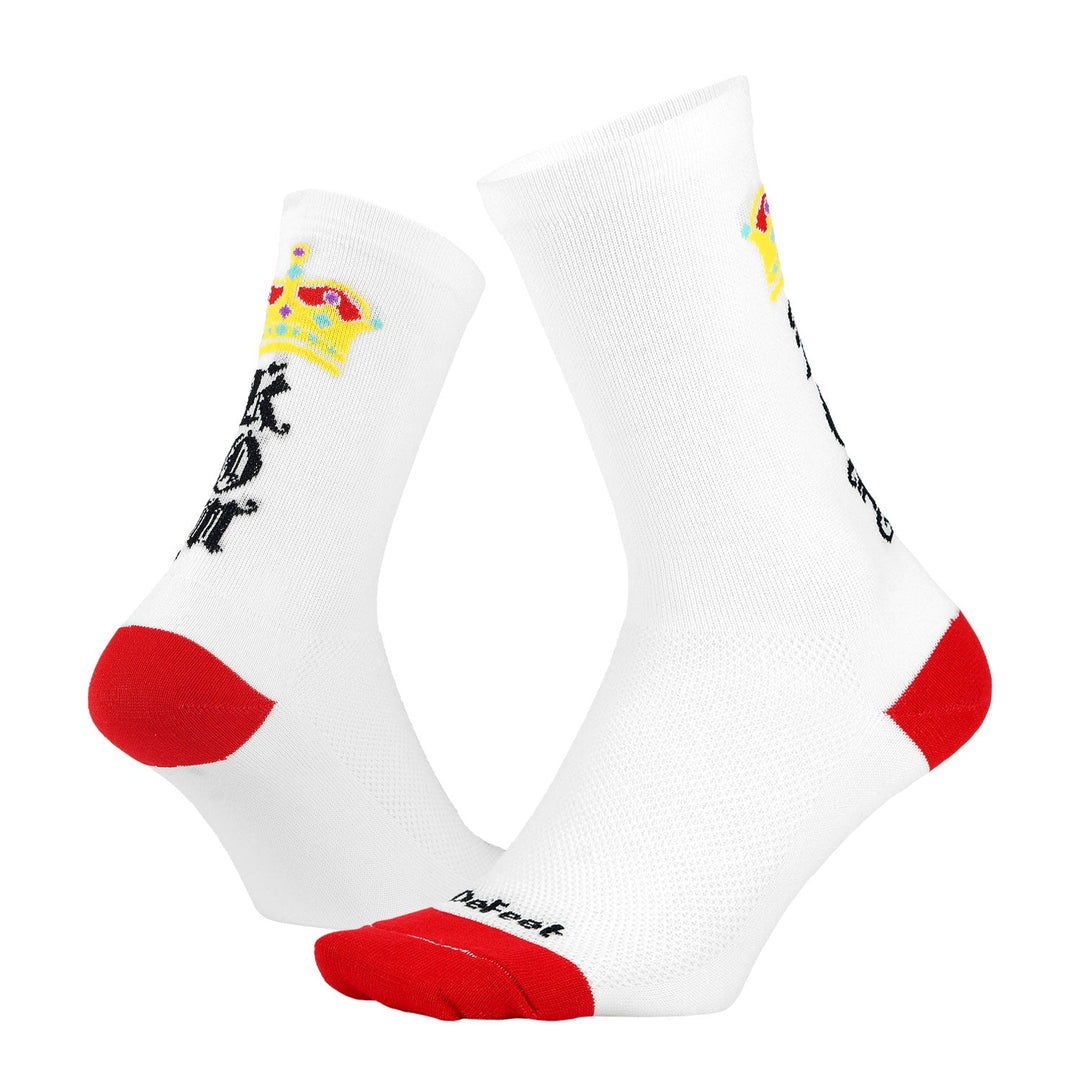 pair of white crew cycling socks with KOM and crown on the back