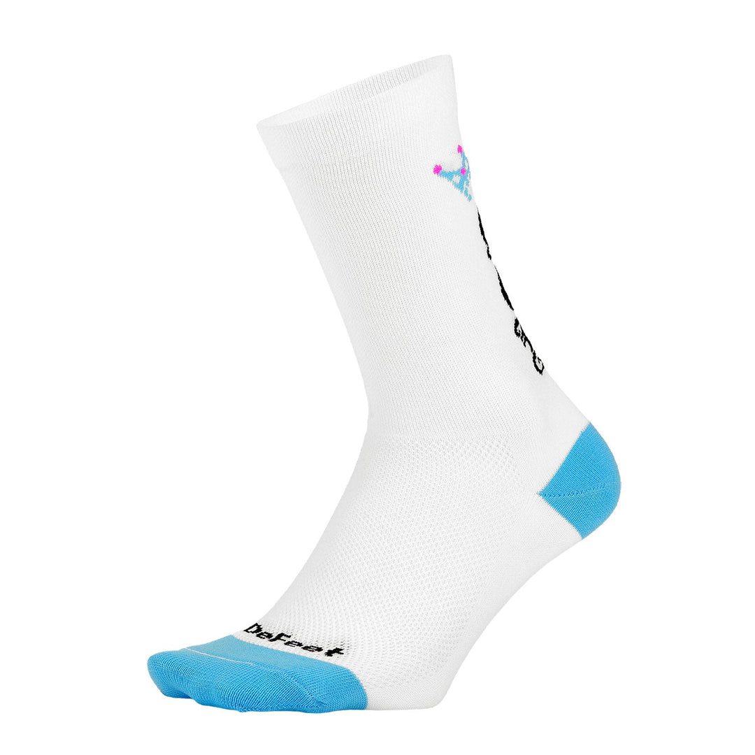 white crew cycling sock with blue heel and toe and QOM on the cuff