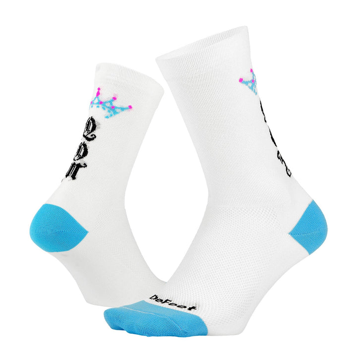 white crew cycling socks that say QOM on the back with a crown