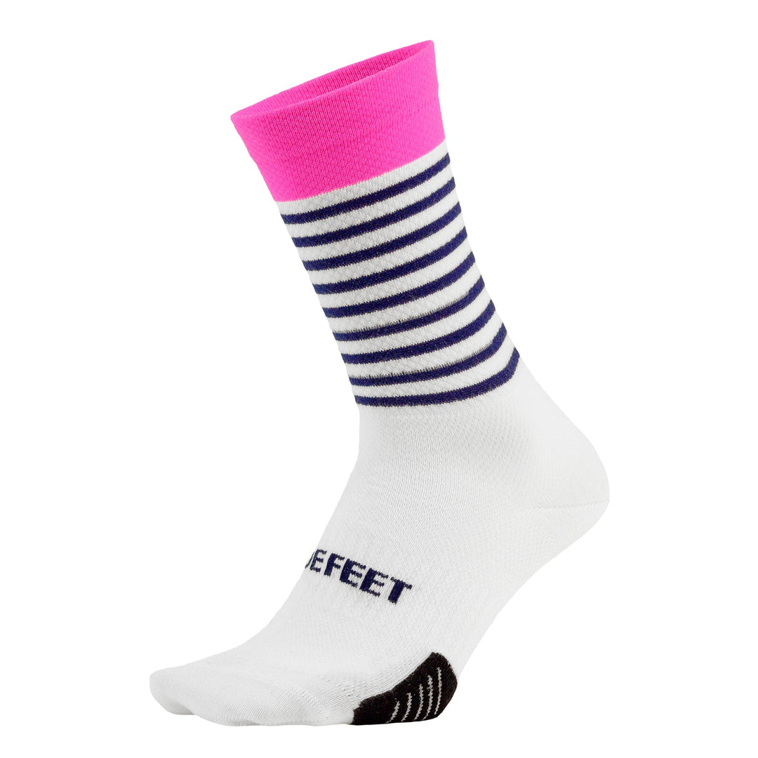 white crew cycling sock with navy stripes and pink cuff