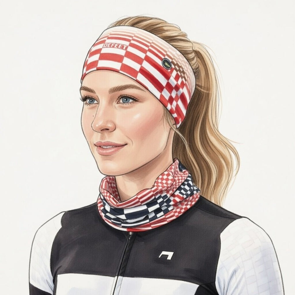Illustration of a woman wearing a red and white checkered headband and matching neck gaiter.