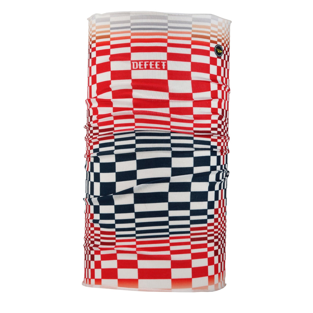 Checkered patterned neck gaiter with Defeet logo on a white background