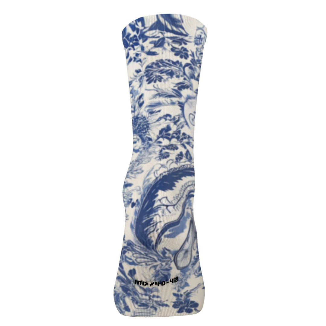 DeFeet Ikigai sock with blue floral pattern on a white background