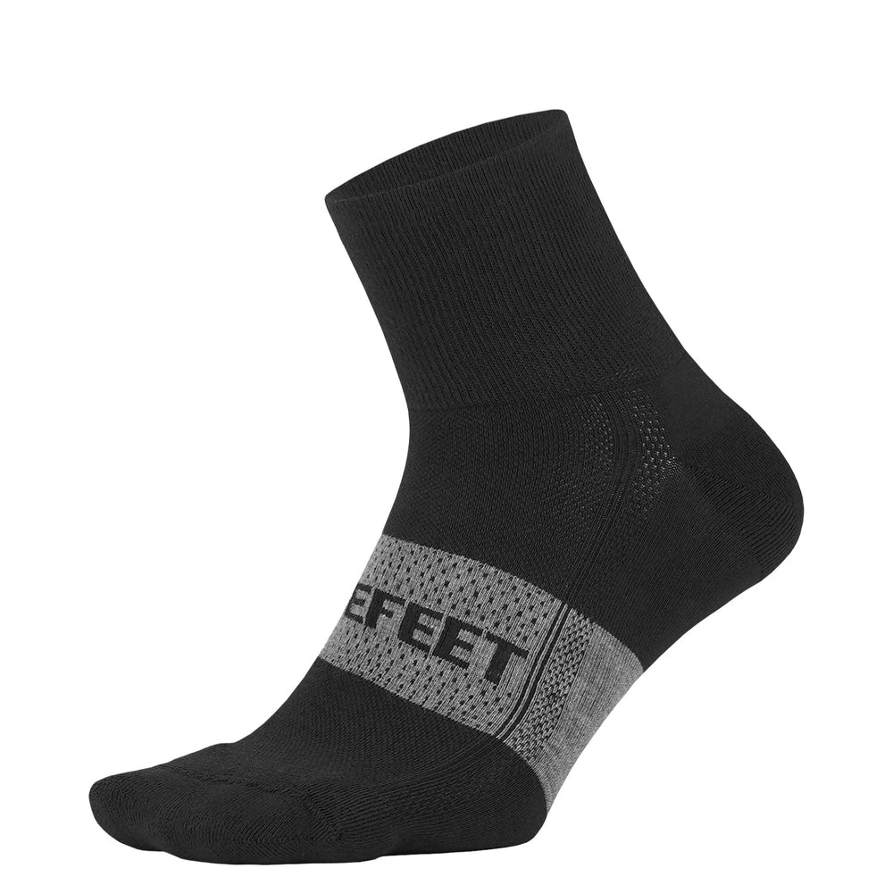 black quarter cuff athletic sock with a grey arch band and padding