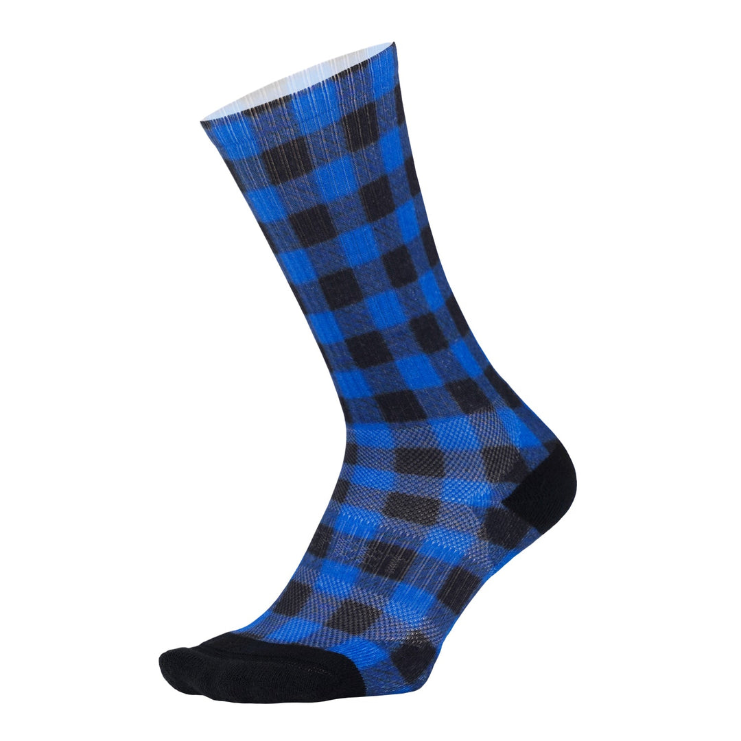 DeFeet All Day crew socks in blue and black checkered plaid