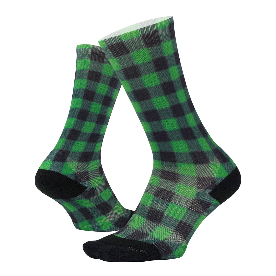 DeFeet All Day crew socks in green and black checkered plaid