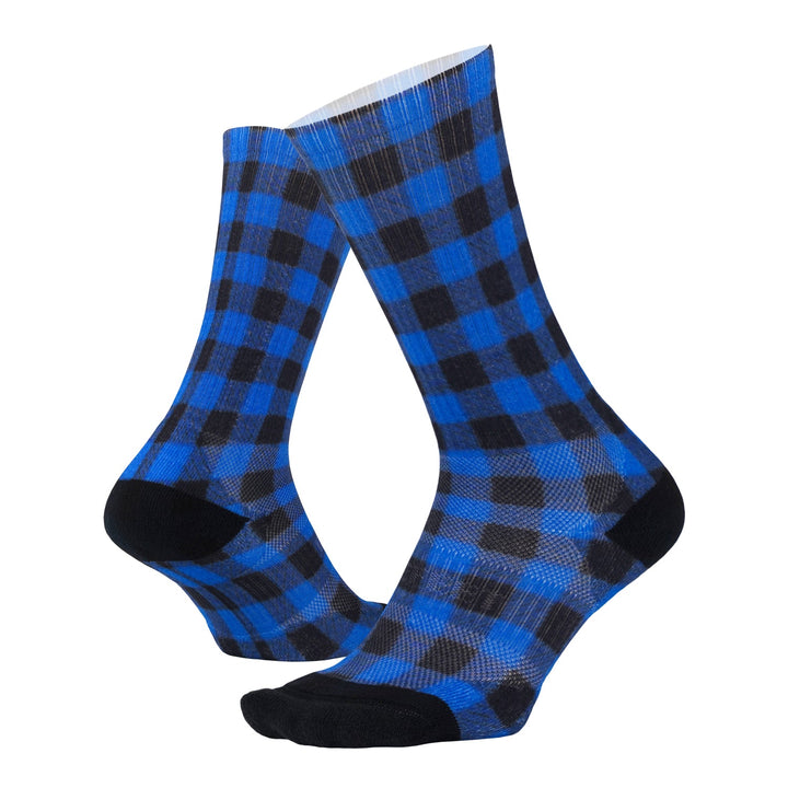 DeFeet All Day crew socks in blue and black checkered plaid