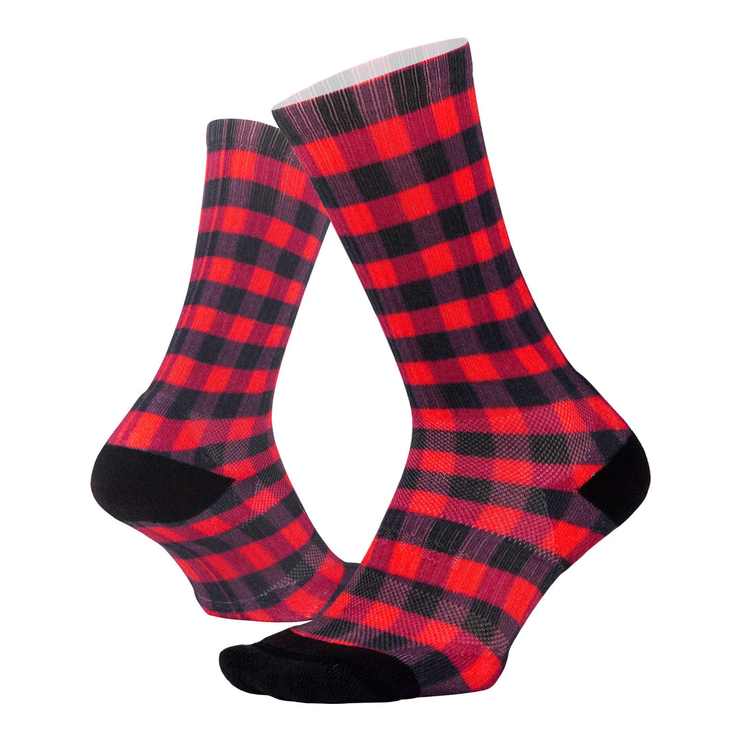 DeFeet All Day crew socks in red and black checkered plaid