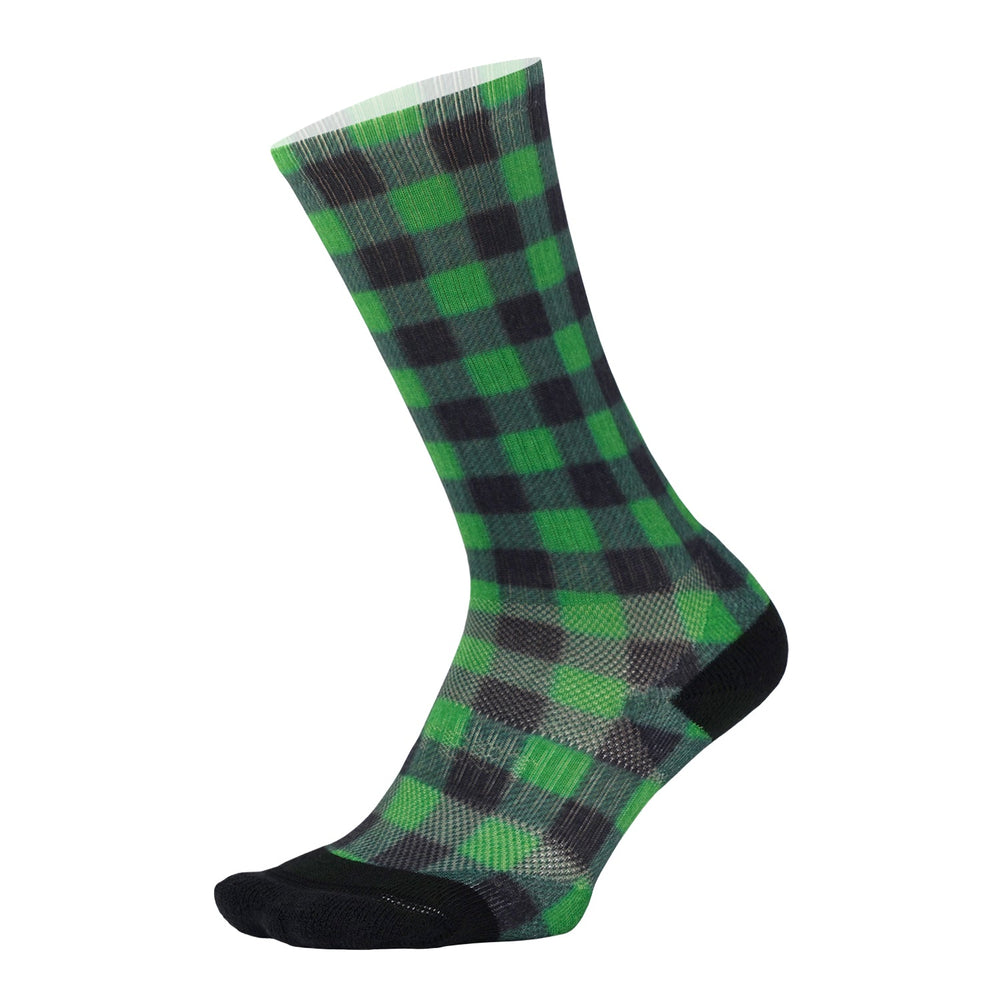 DeFeet All Day crew socks in green and black checkered plaid