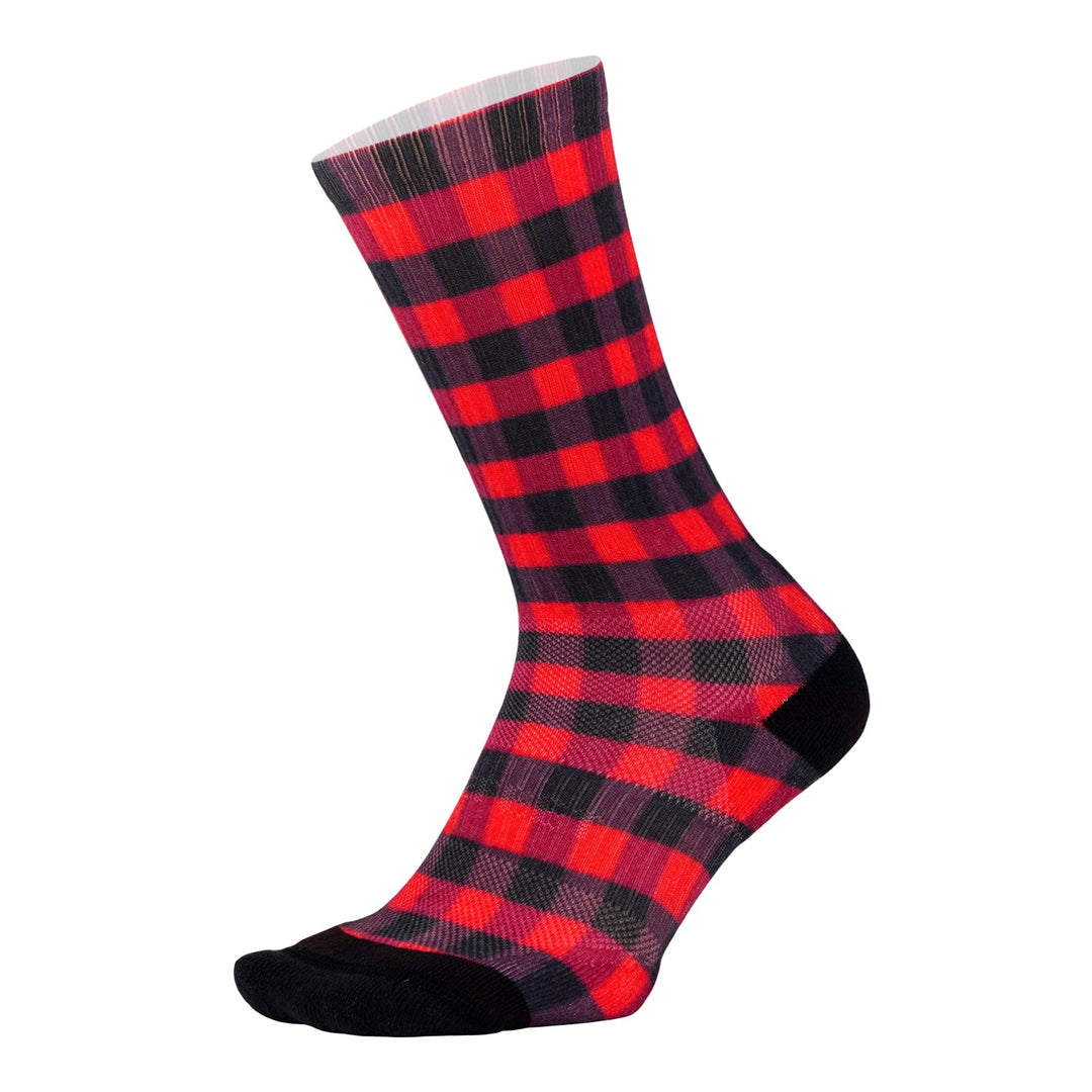 DeFeet All Day crew socks in red and black checkered plaid