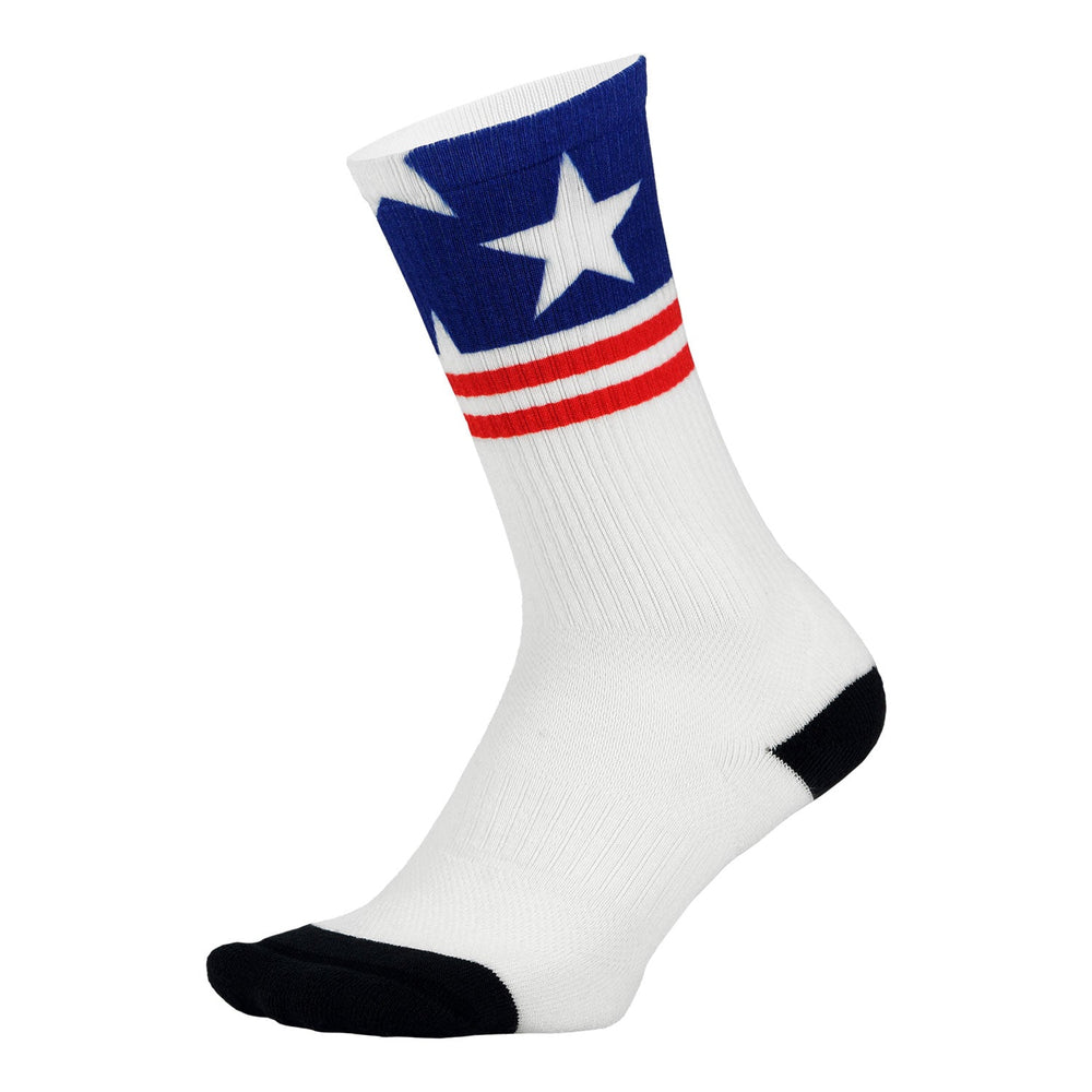 ribbed white sock printed with blue and red stars and stripes 4th of July USA flag