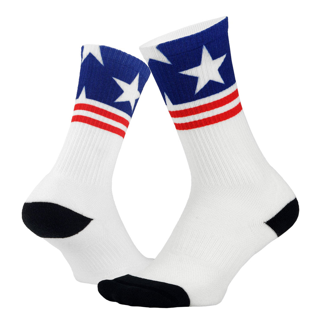 white sock printed with blue and red stars and stripes 4th of July USA flag