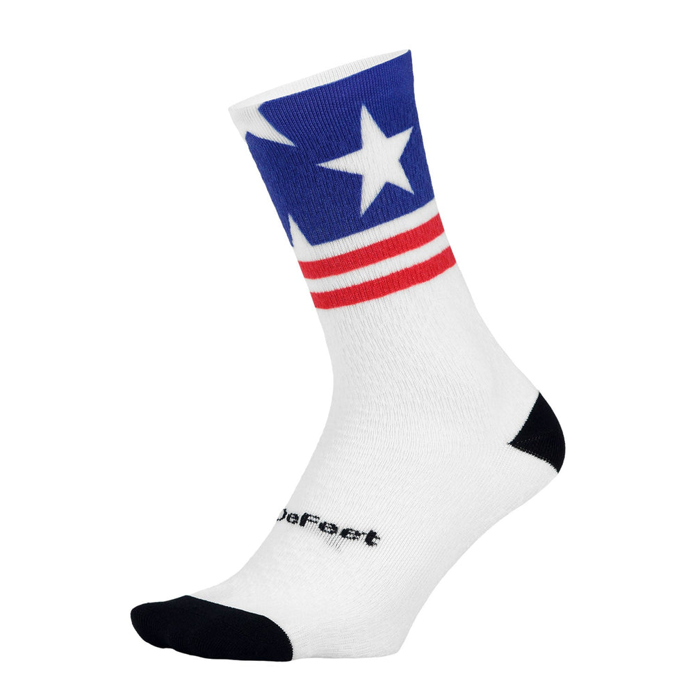 White athletic socks with red and blue stars and stripes, USA flag, 4th of July