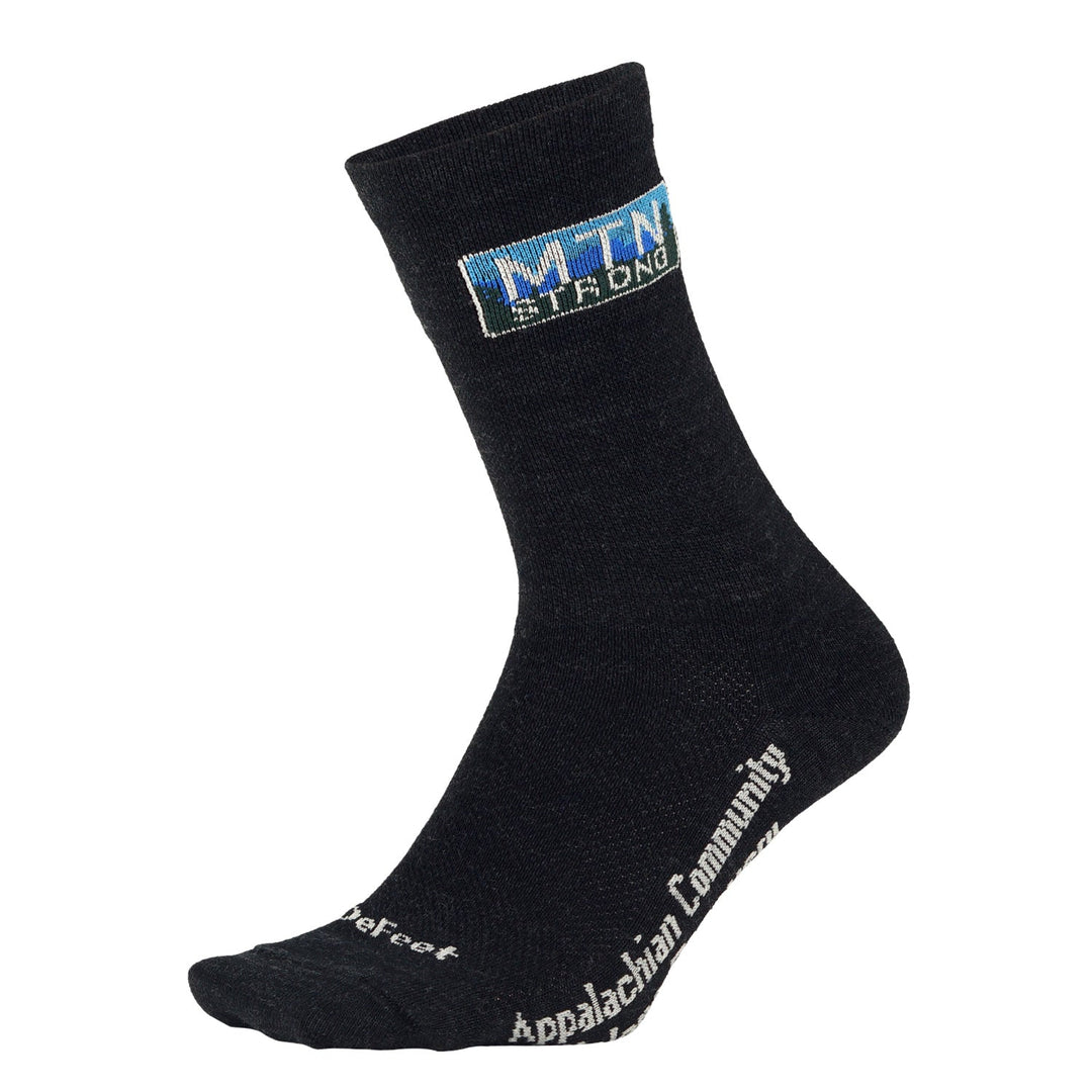 black charcoal grey wool crew sock with MTN STRONG on cuff to support Hurricane Helene relief efforts.