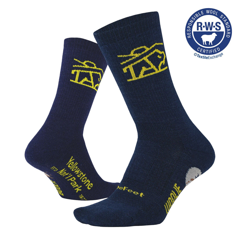 RWS certified Merino wool DeFeet Woolie Boolie socks with Yellowstone National Parks logo on the cuff