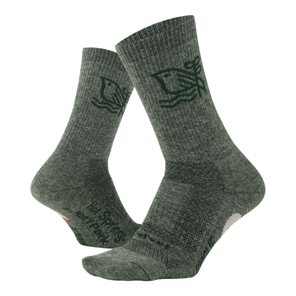 DeFeet Woolie Boolie thick wool crew sock with Hot Springs National Park logo