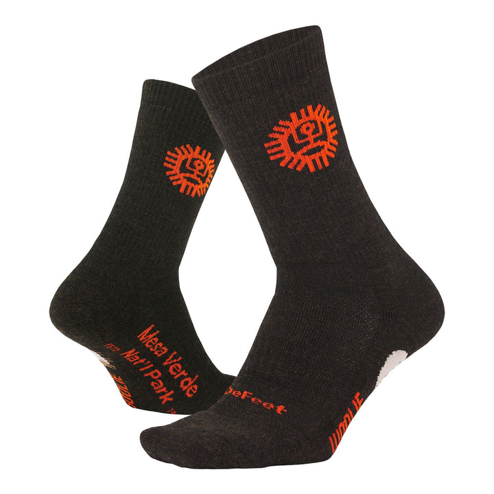 DeFeet Woolie Boolie thick wool crew sock with Mesa Verde National Park logo