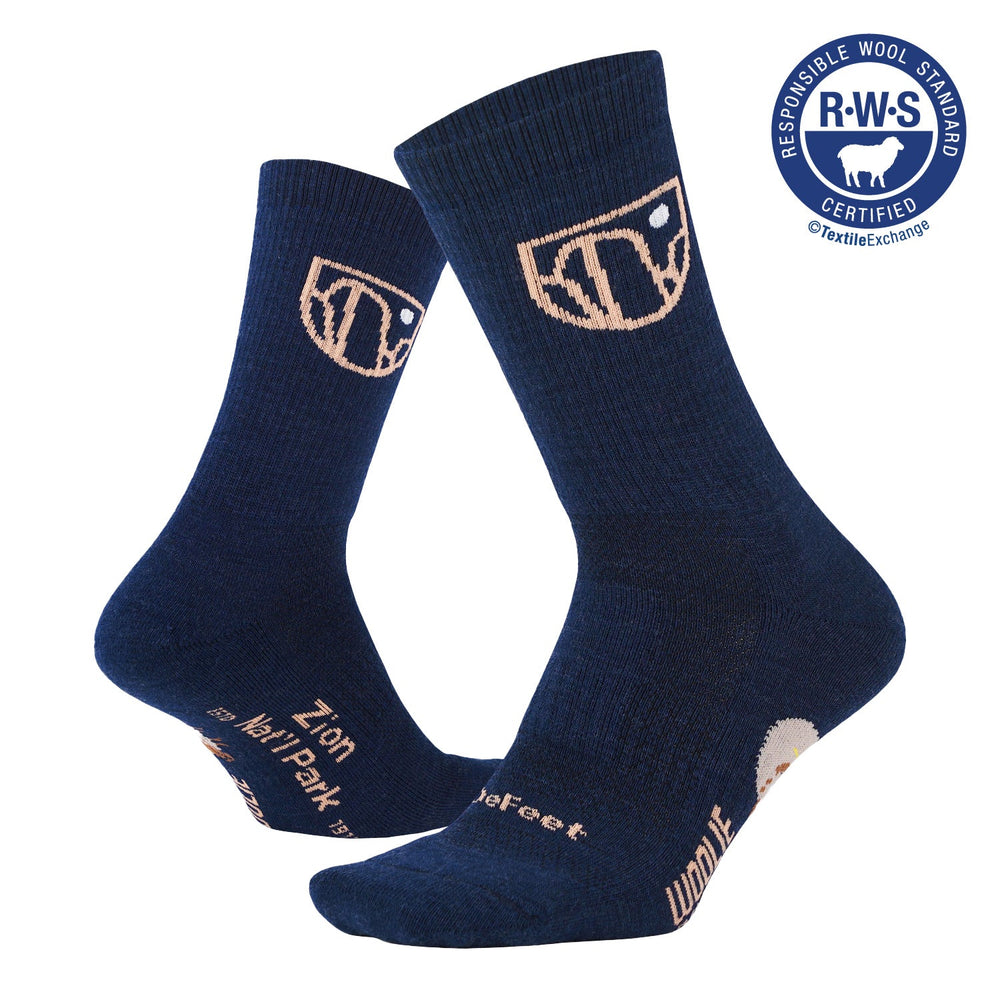 RWS certified Merino wool DeFeet Woolie Boolie socks with a Zion National Park logo on the cuff