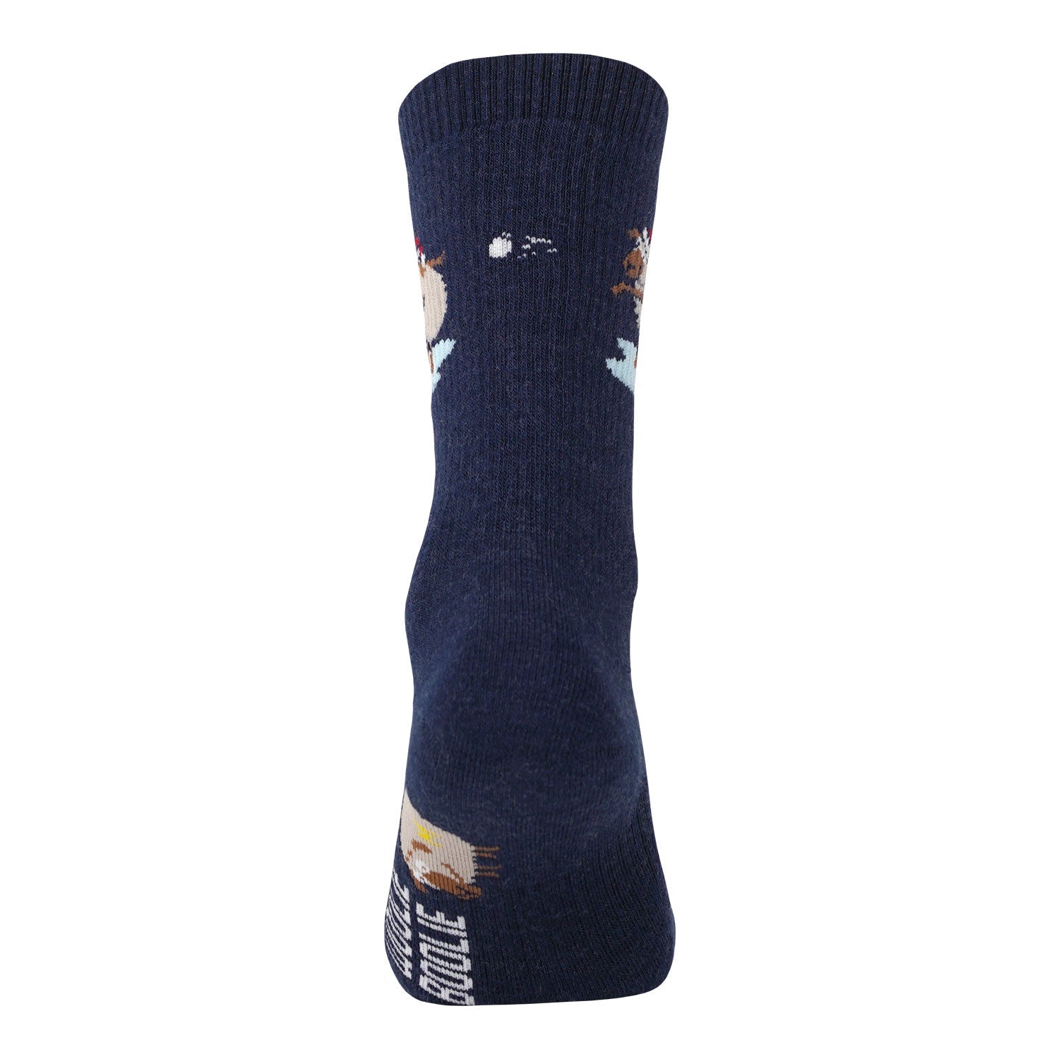 navy blue holiday Woolie Boolie wool sock featuring Lambert the sheep throwing a snowball