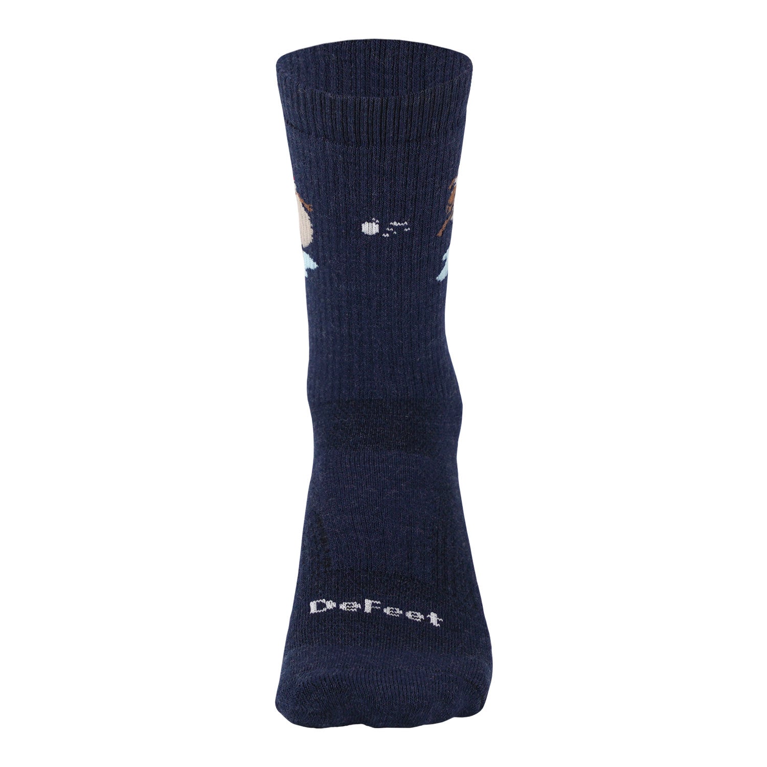 navy blue holiday Woolie Boolie wool sock featuring Lambert the sheep throwing a snowball