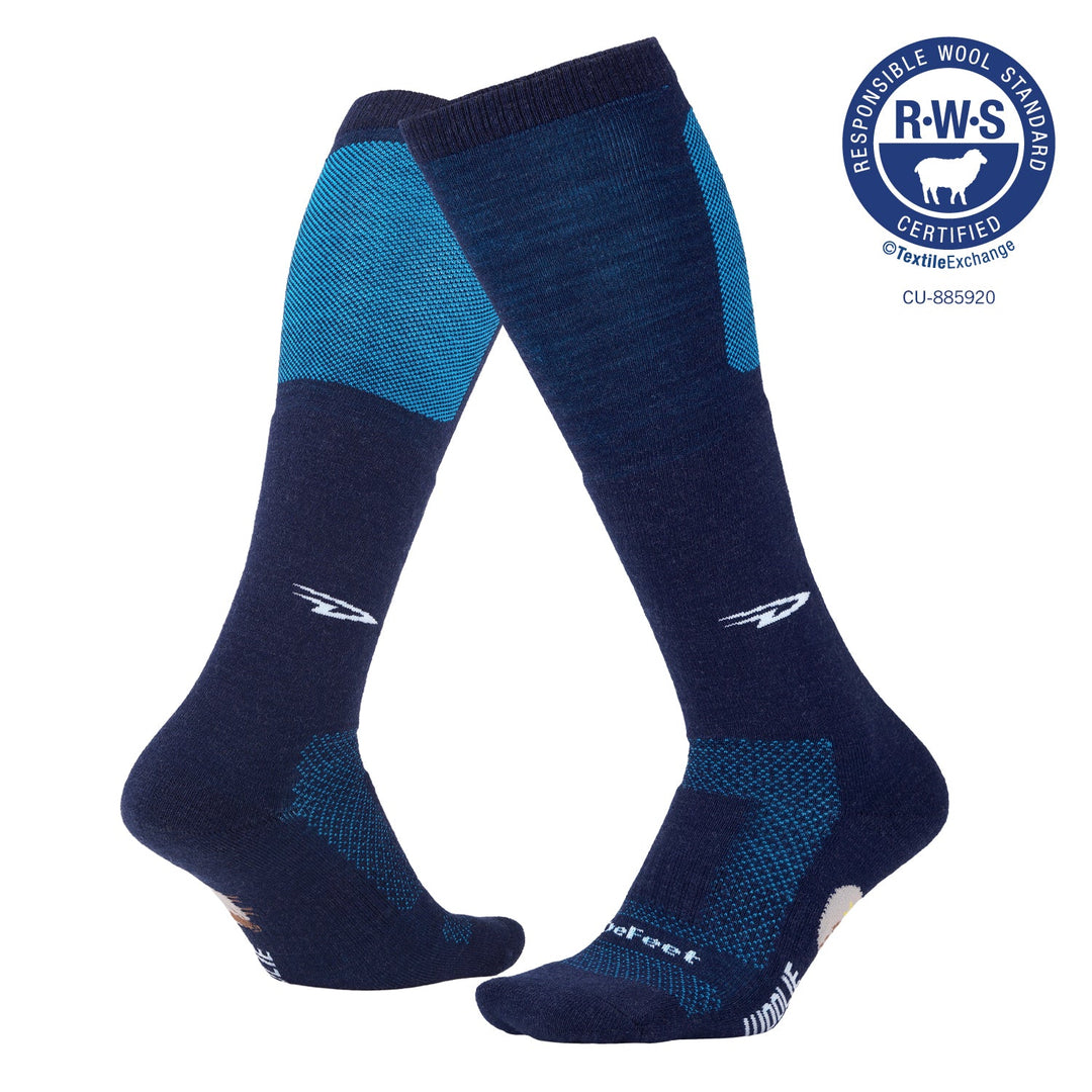 RWS certified Merino wool DeFeet Woolie Boolie wool knee-high navy and blue padded socks for skiing, cycling, or winter sports