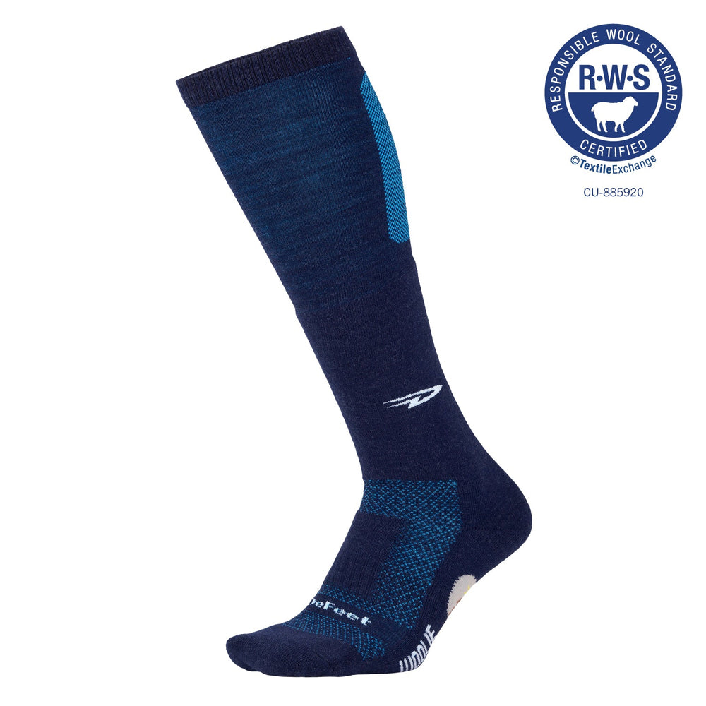 RWS certified Merino wool DeFeet Woolie Boolie wool knee-high navy and blue padded socks for skiing, cycling, or winter sports