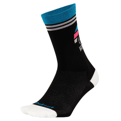 black Aireator custom event cycling sock with the Horrible Hundred logo on the back