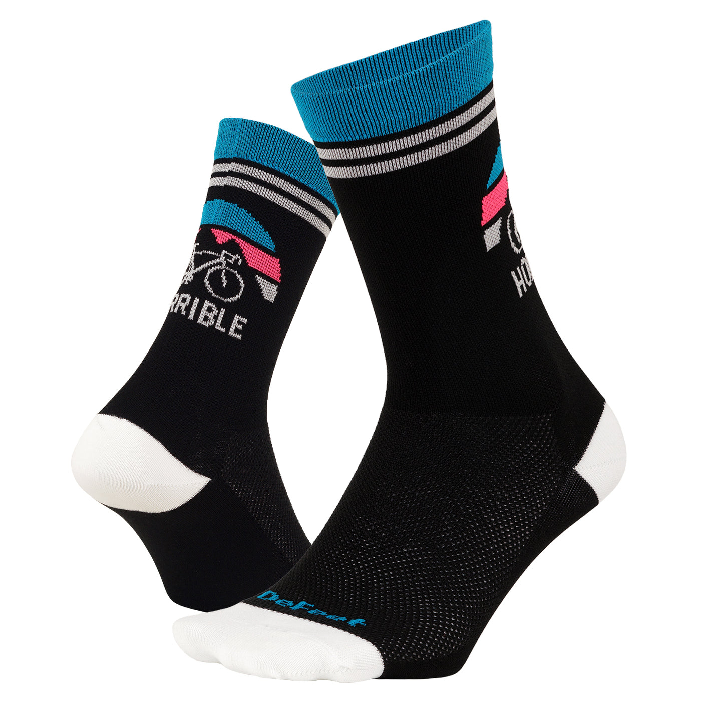 a pair of black Aireator custom event cycling socks with the Horrible Hundred logo on the back