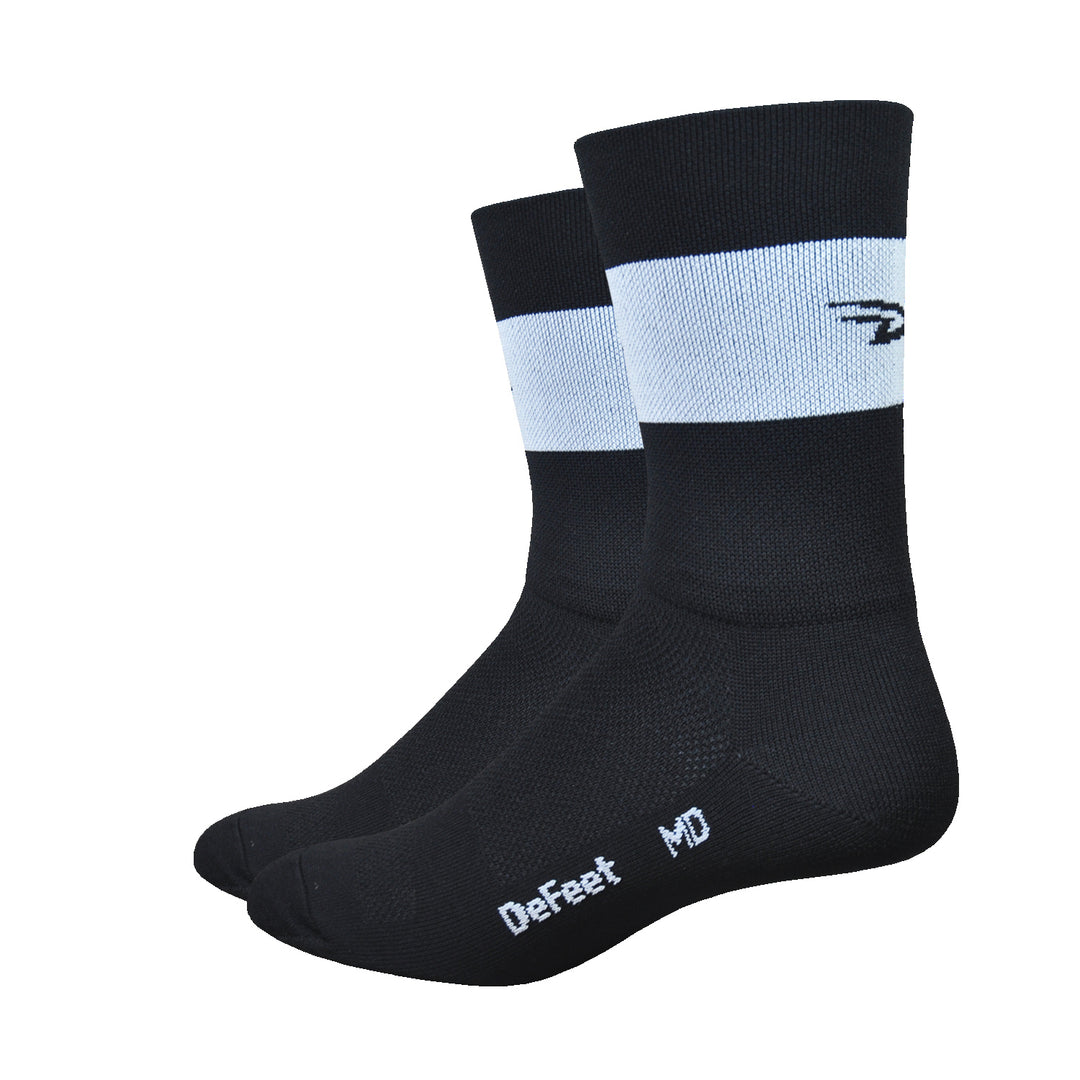 DeFeet Aireator cycling sock with a 5" cuff on a black sock with a wide white stripe on the double cuff and a d-logo on the back of the cuff