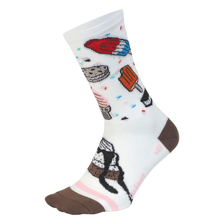 The Aireator 6” cycling sock in white with brown heel and toe and ice cream cones, ice cream sandwiches, popsicles, and sprinkles on cuff