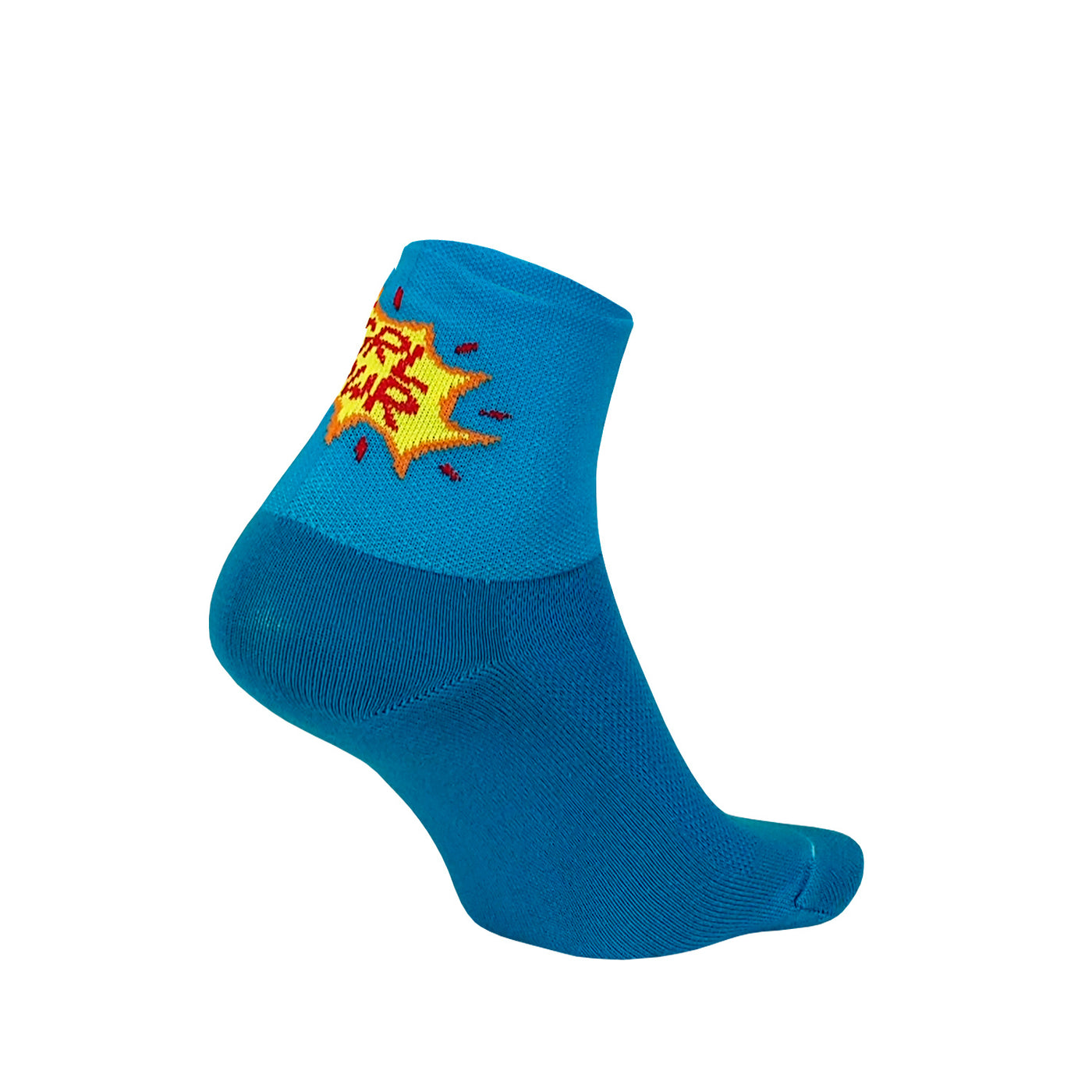 blue women's cycling sock in quarter height with a yellow GRL PWR on the back of the cuff