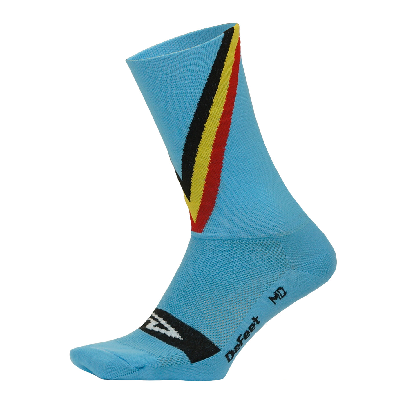 blue sock with angled stripe of red, yellow, and navy