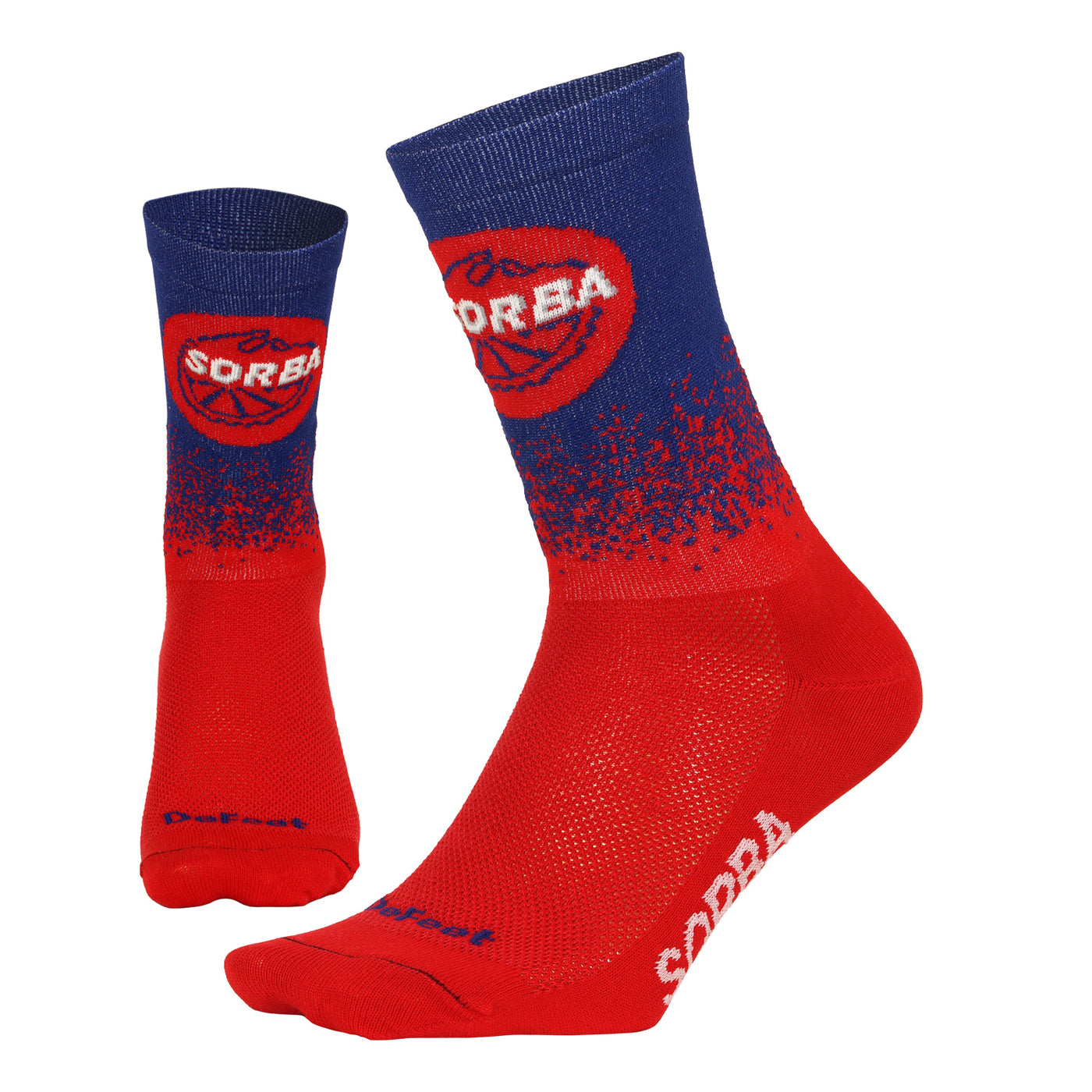 DeFeet Aireator cycling sock in a ombre pattern going from a navy cuff to a red foot, with the SORBA logo on the front of the cuff