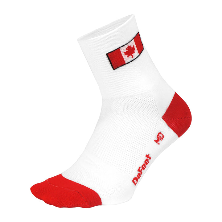 Aireator 3" cuff cycling sock in white with red heel and toe and Canadian flag on cuff